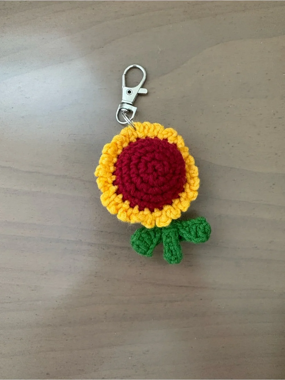 Handmade Yellow & Red Crochet Sunflower Keychain with Green Leaves